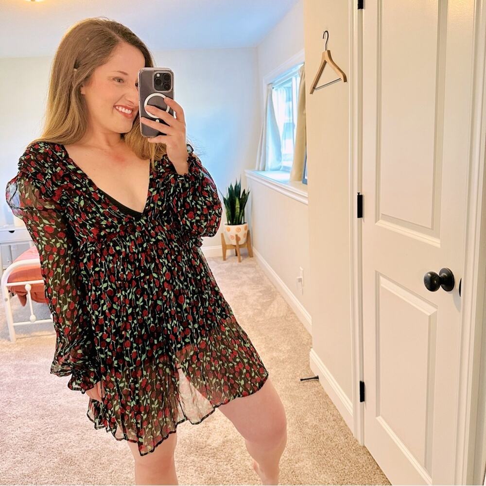 The Kooples Black Red Floral Silk Long Sleeve Mini Dress Small